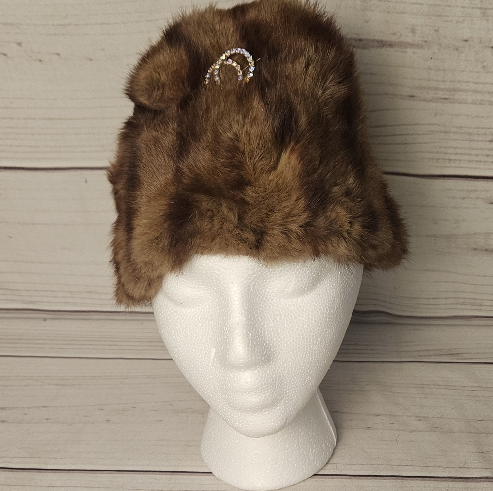 Vintage Custom Made Brown Fur Hat with Gold Accent